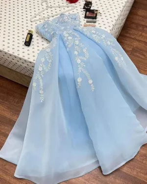 JazzHer Sexy A line Strapless Light Sky Blue Organza Prom Dress With Appliques Long Prom Dresses Party Dress (PRE-ORDER)