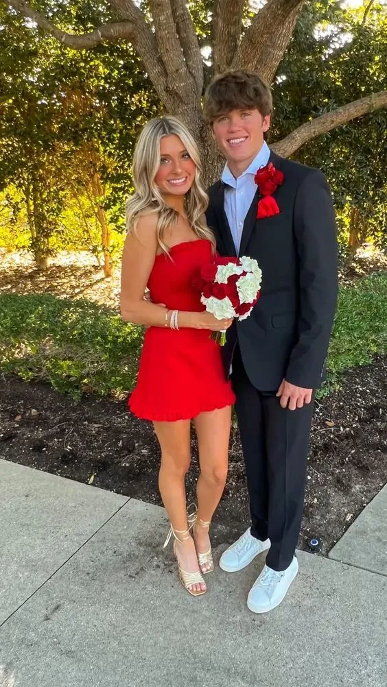 JazzHer Simple A Line Strapless Red Satin Short Homecoming Dresses th Birthday Outfits (PRE-ORDER)