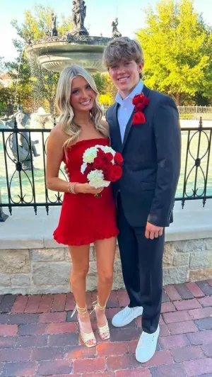 JazzHer Simple A Line Strapless Red Satin Short Homecoming Dresses th Birthday Outfits (PRE-ORDER)