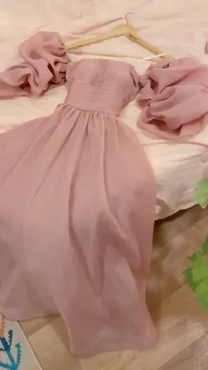 JazzHer Simple A Line Strapless Short Sleeves Pink Organza Prom Dresses Long Evening Dress (PRE-ORDER)