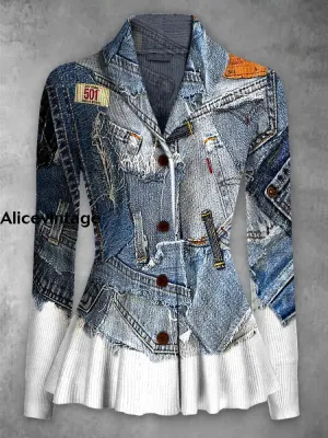 Jeans Pattern Print Vintage Elegant Lapel V-Neck Button Up Long Sleeve Top