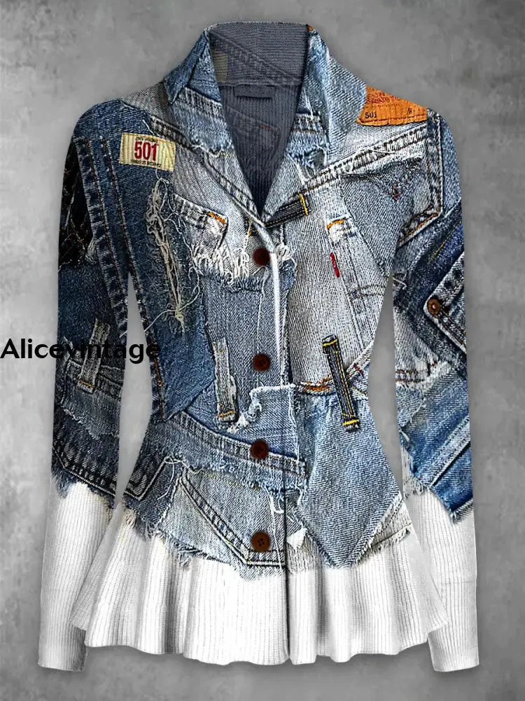 Jeans Pattern Print Vintage Elegant Lapel V-Neck Button Up Long Sleeve Top