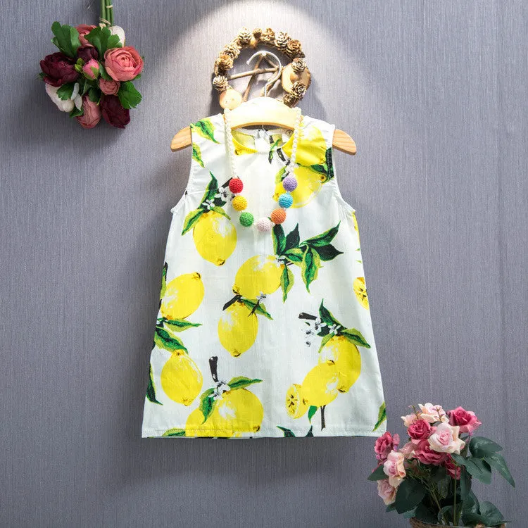 Kids Dresses for Girls Children Girl Dress Kids Clothes Cotton Lemon Print Yellow Sundress Girls Dresses