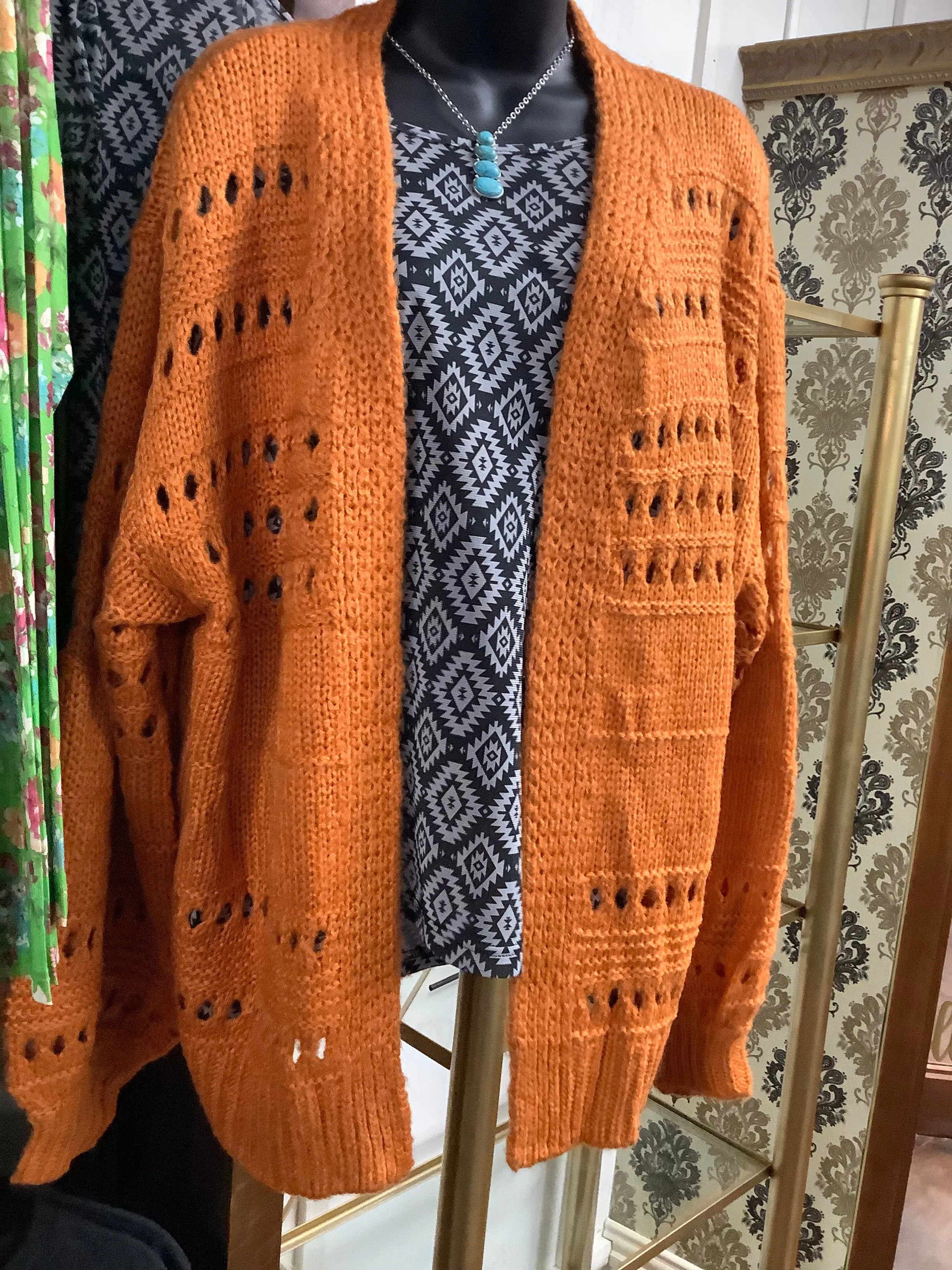 Knitted Crochet Rust  Sweater Cardigan