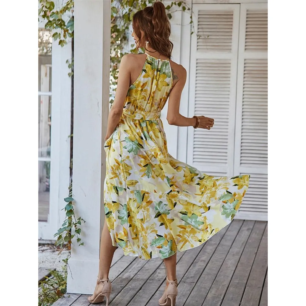 Ladies Vintage Sexy Sleeveless Floral Print Dress Women Bohemian Long Party Beach Summer Dress Women Sundress Female Vestidos