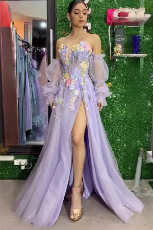 Lavender Tulle Strapless 3D Floral Detachable Sleeves Prom Dresses, MP1007