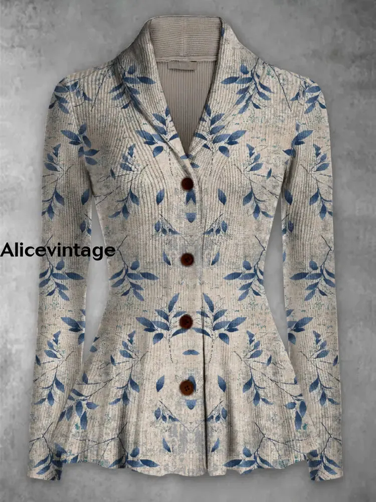 Leaf Print Vintage Elegant Lapel V-Neck Button Up Long Sleeve Top