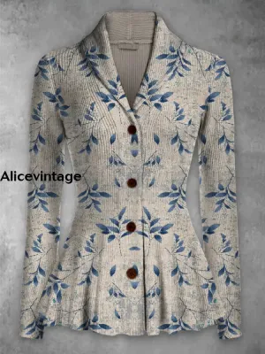 Leaf Print Vintage Elegant Lapel V-Neck Button Up Long Sleeve Top
