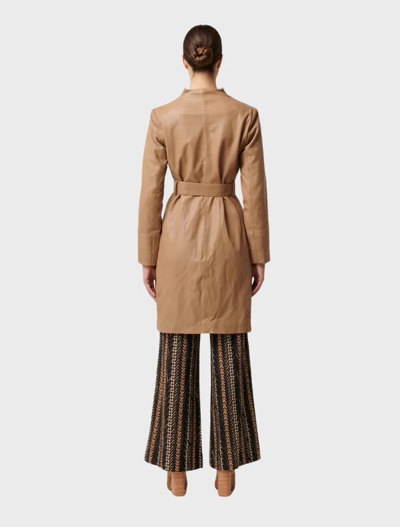 Leighton Leather Herringbone Stitch Detail Double Breasted Coat - Wheat