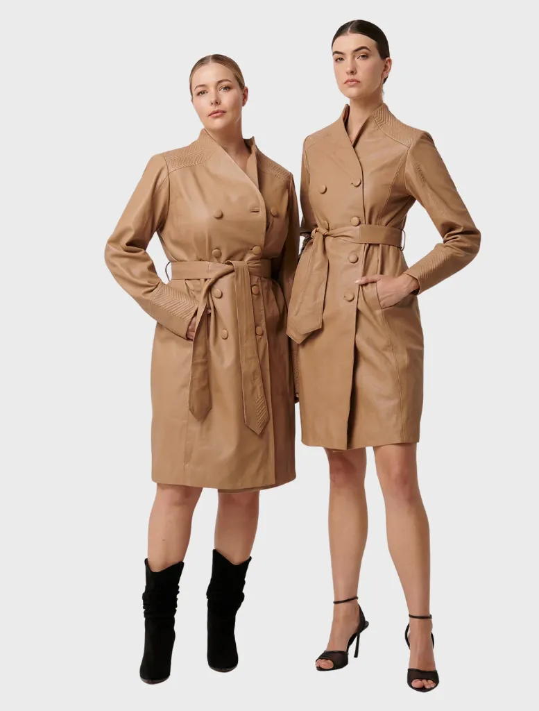 Leighton Leather Herringbone Stitch Detail Double Breasted Coat - Wheat
