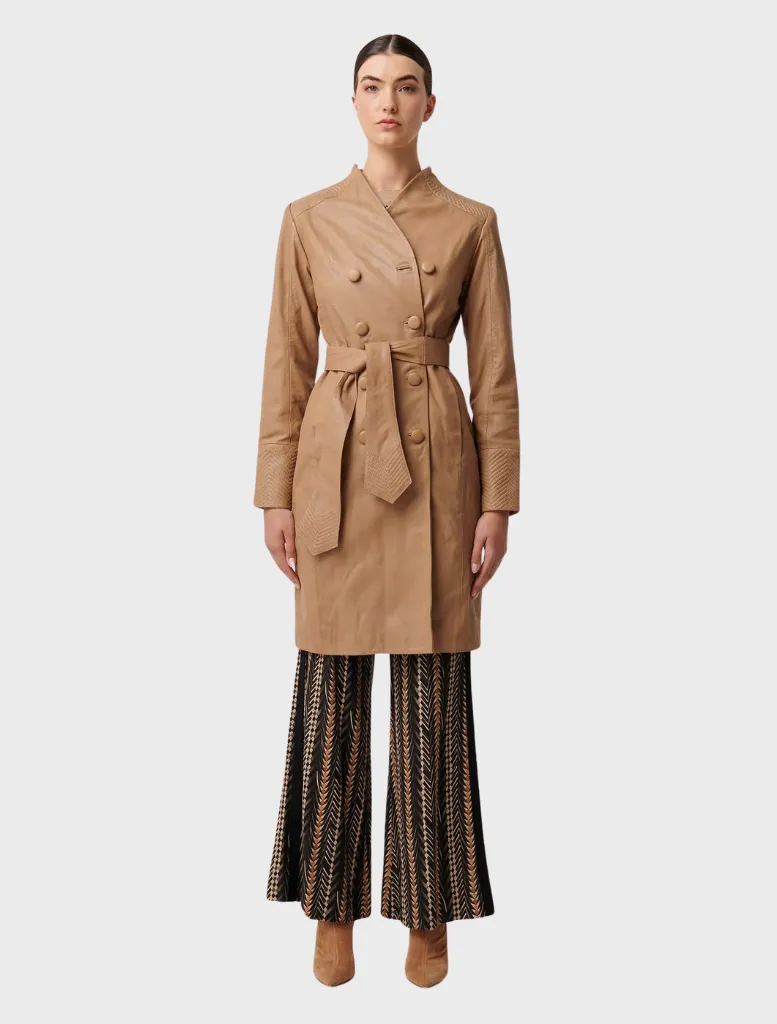 Leighton Leather Herringbone Stitch Detail Double Breasted Coat - Wheat