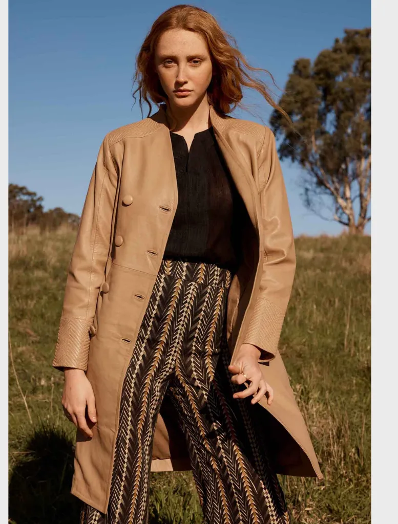 Leighton Leather Herringbone Stitch Detail Double Breasted Coat - Wheat