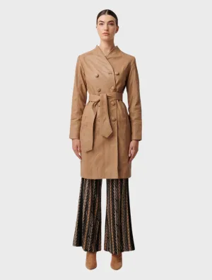 Leighton Leather Herringbone Stitch Detail Double Breasted Coat - Wheat