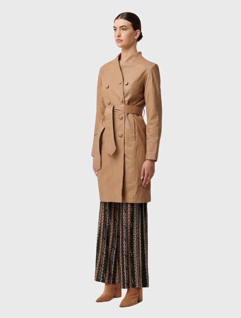 Leighton Leather Herringbone Stitch Detail Double Breasted Coat - Wheat