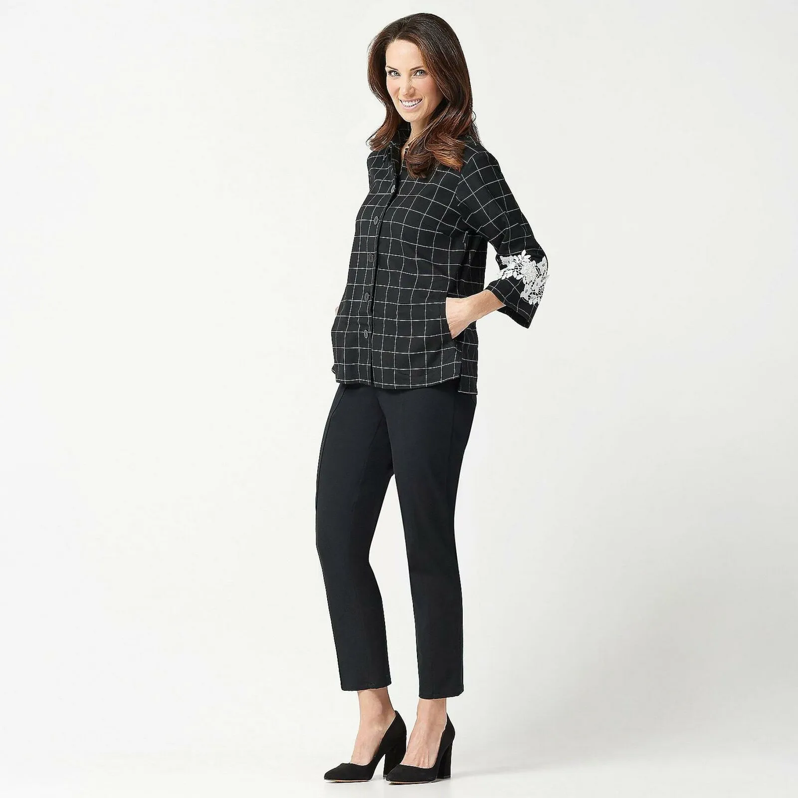 Linea by Louis Dell'Olio Women's Windowpane Jacket with Lace Applique