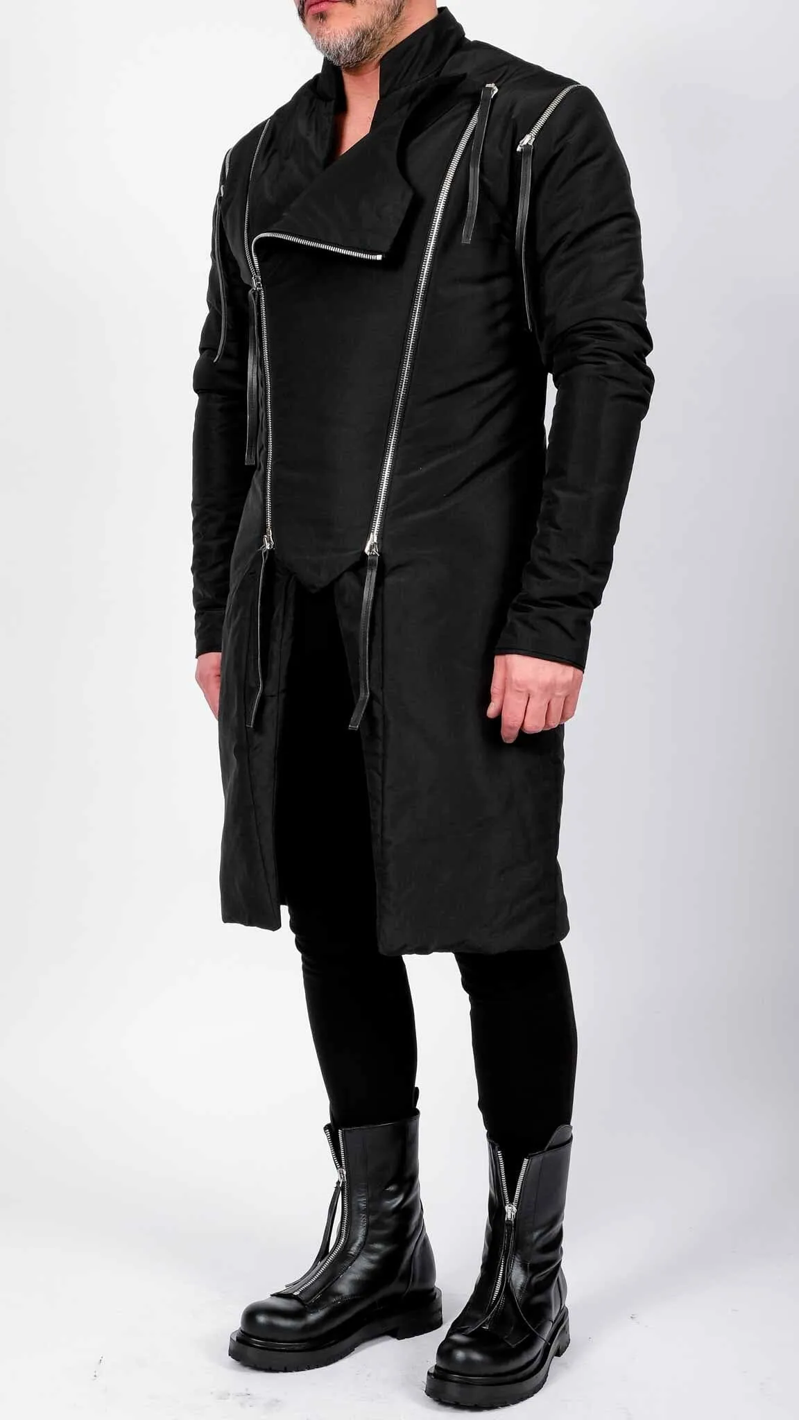 Long Padded Jacket with Zippers