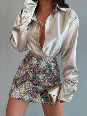 Long Sleeves Loose Buttoned Shiny Solid Color Lapel Blouses&Shirts Tops