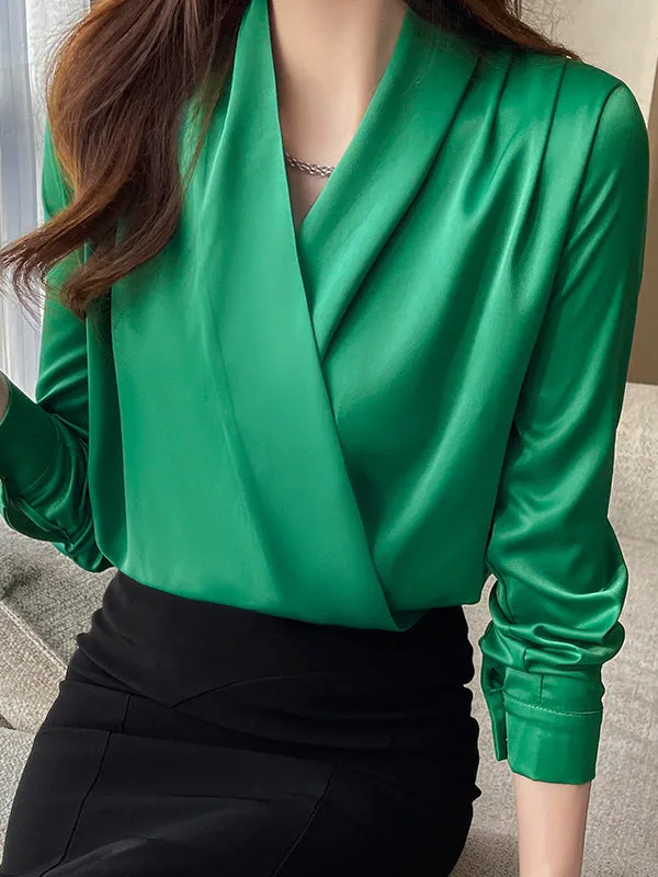Long Sleeves Loose Buttoned Solid Color V-Neck Blouses&Shirts Tops