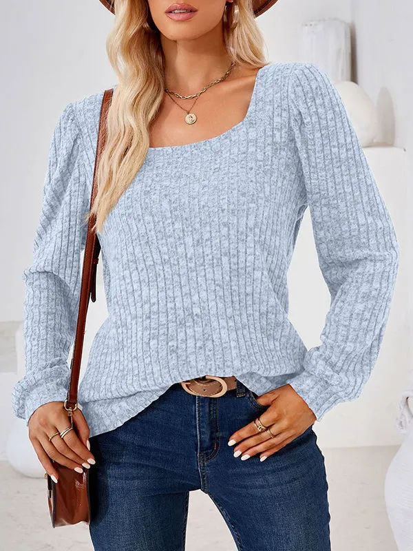 Long Sleeves Loose Solid Color Square-Neck T-Shirts Tops