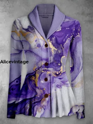 Marble Art Print Vintage Elegant Lapel V-Neck Button Up Long Sleeve Top