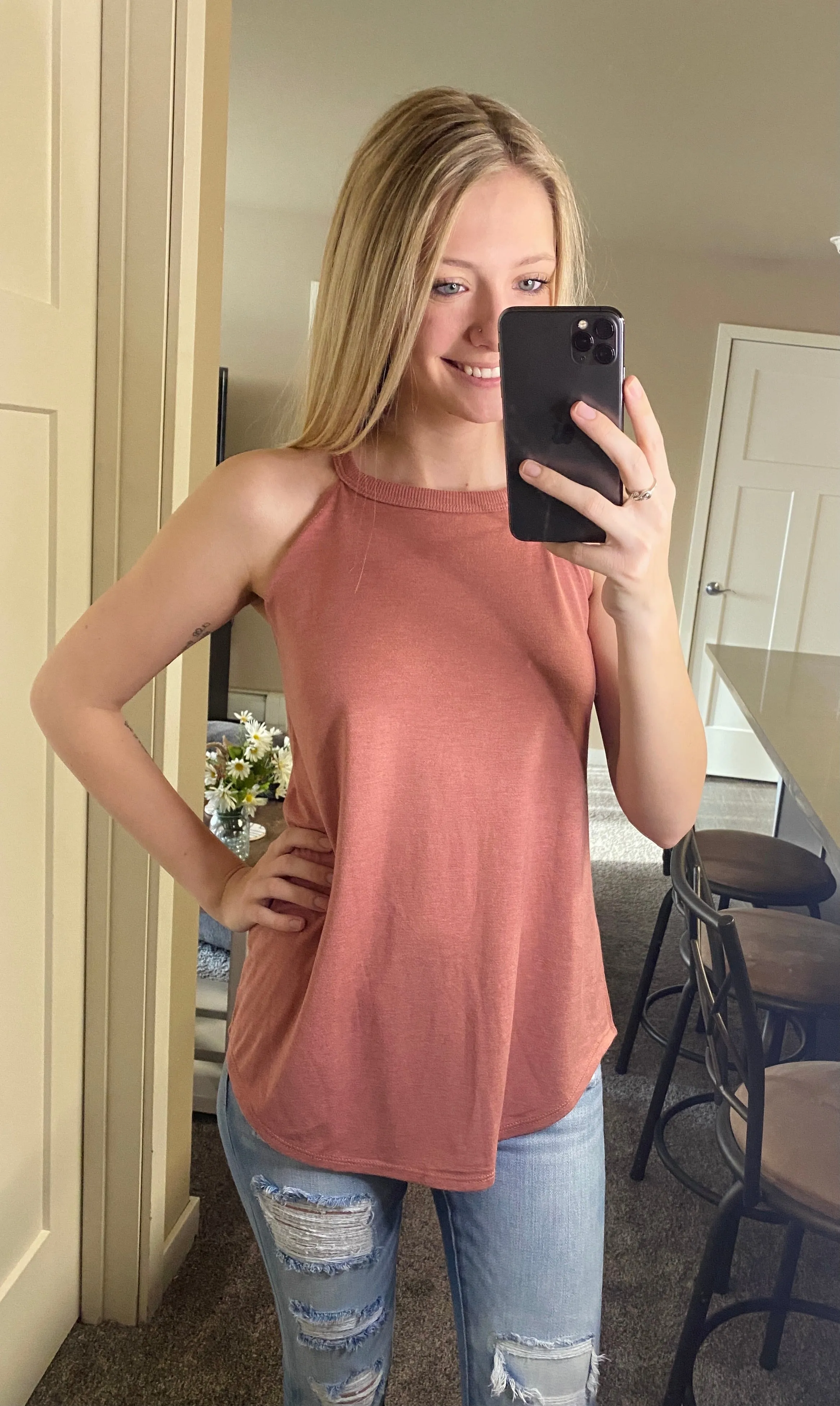 Mauve Tank Top with High Neckline and Shirttail Hem with Classic Fit