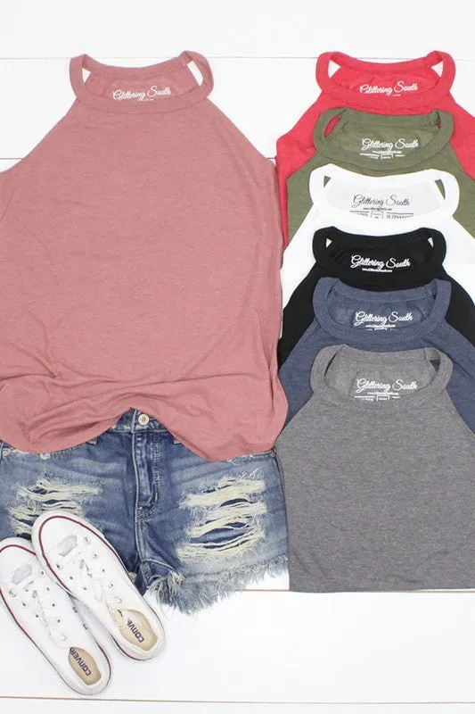 Mauve Tank Top with High Neckline and Shirttail Hem with Classic Fit