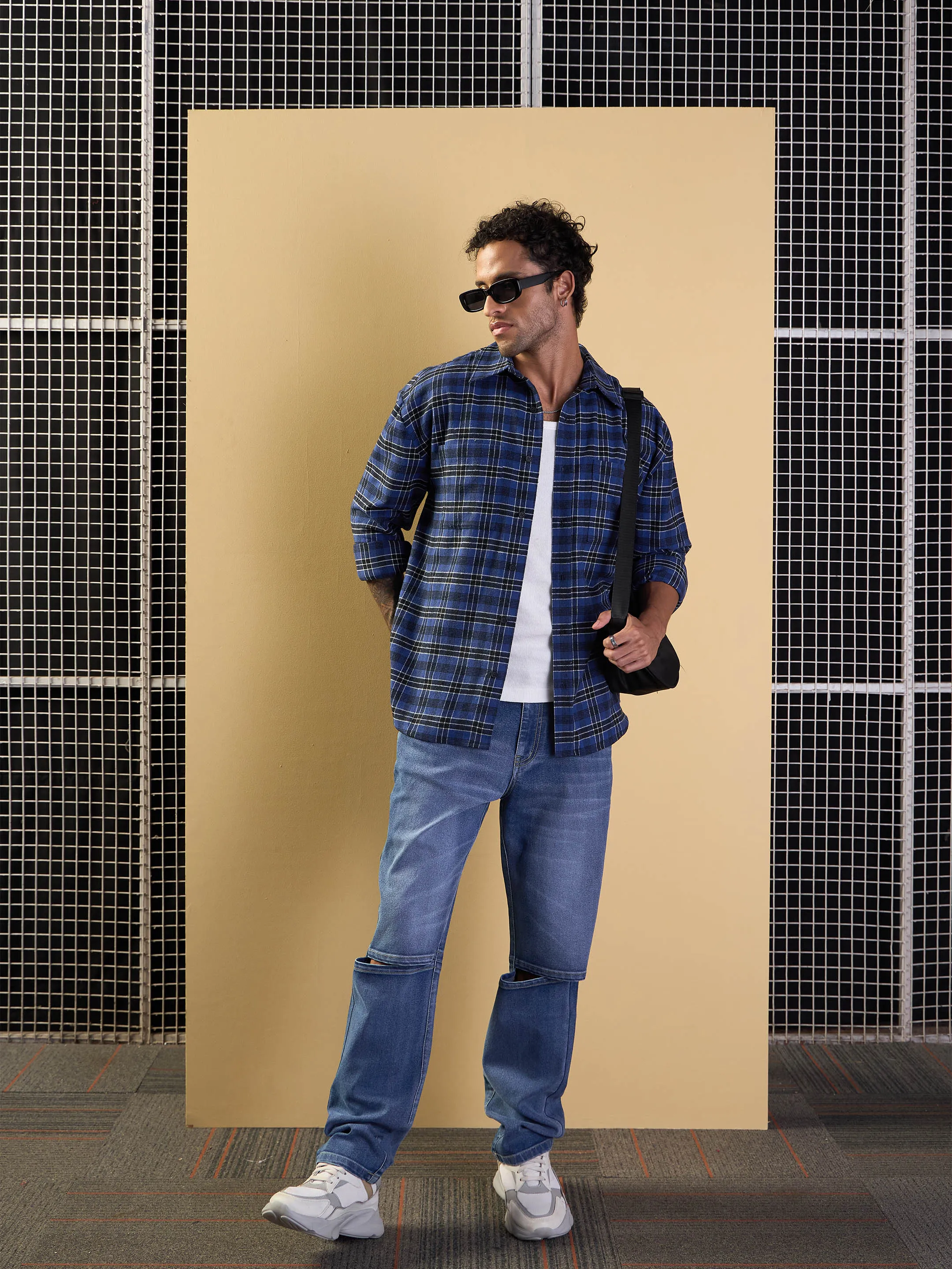 Men Blue & Black Check Patch Pocket Oversize Shirt