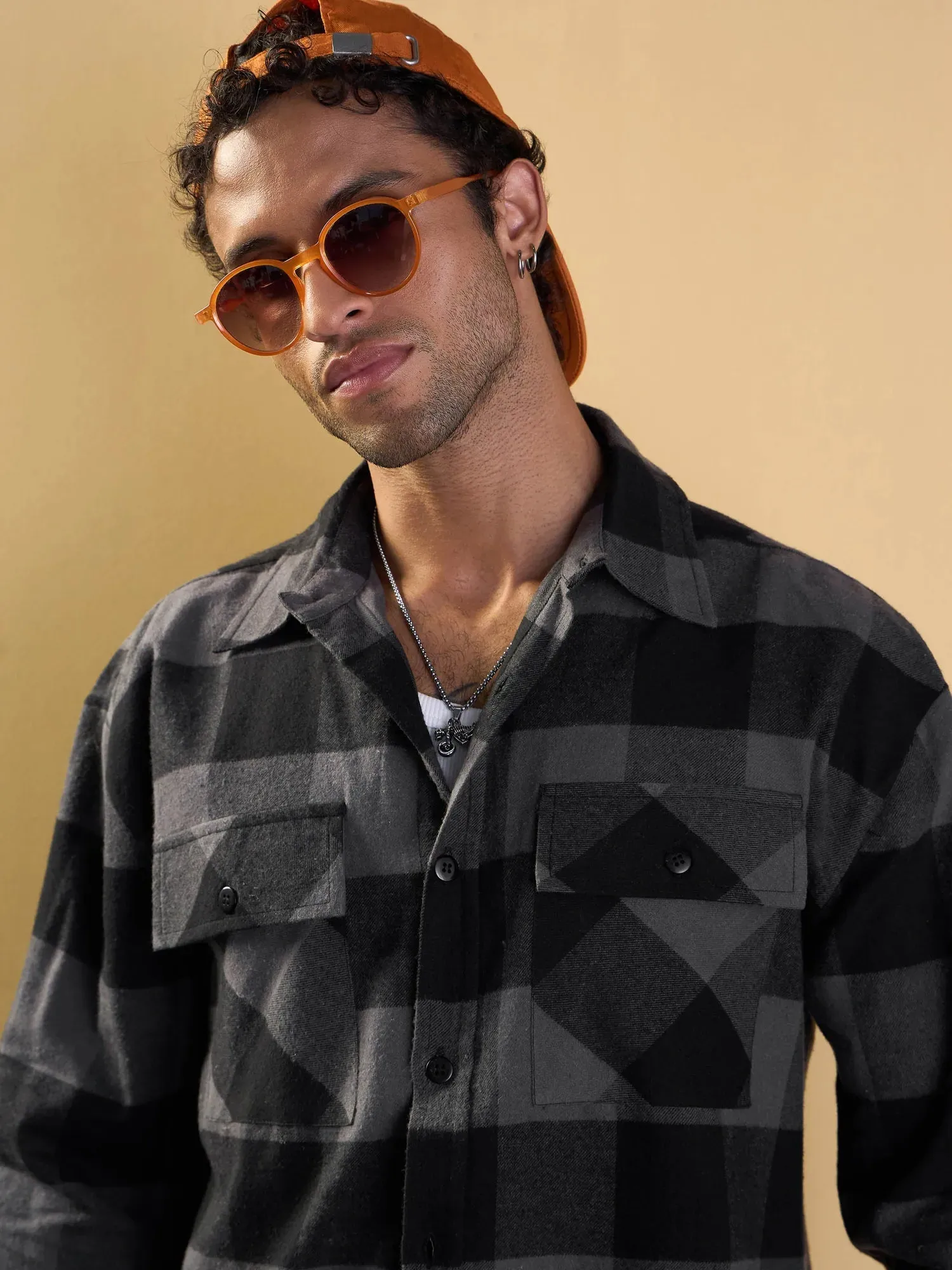 Men Grey & Black Check Flap Pocket Oversize Shirt-MSSHRT20484