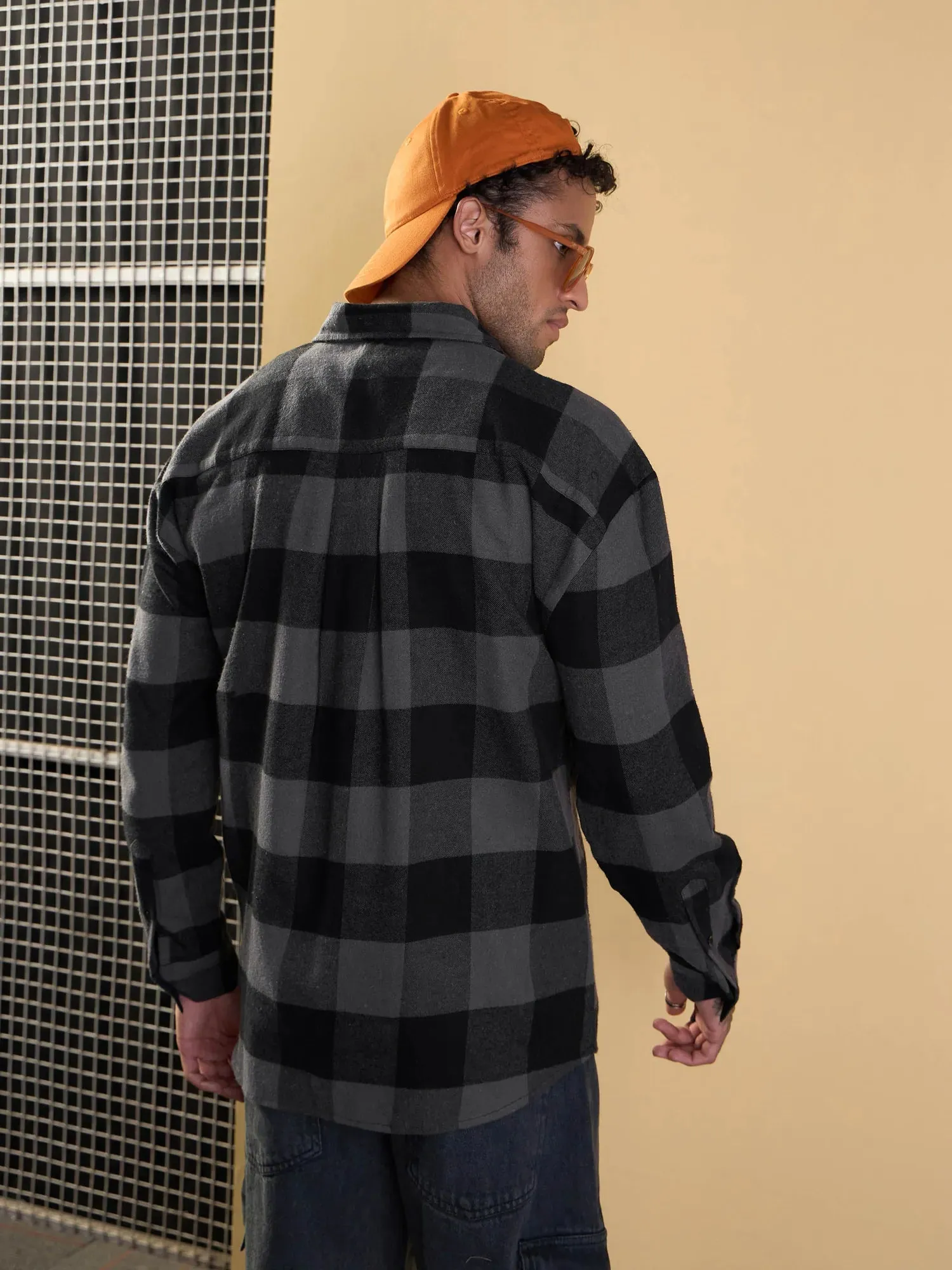 Men Grey & Black Check Flap Pocket Oversize Shirt-MSSHRT20484