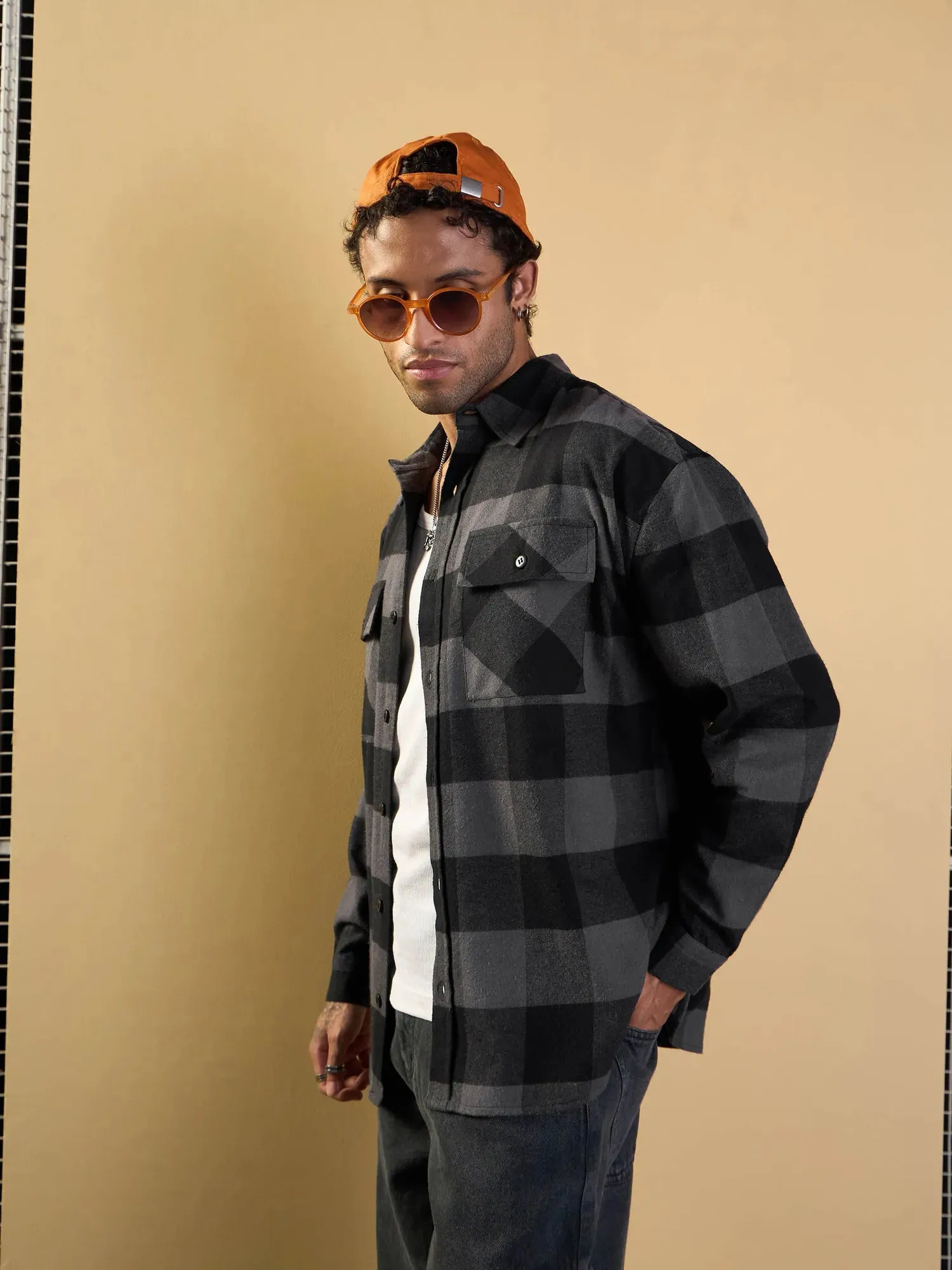 Men Grey & Black Check Flap Pocket Oversize Shirt-MSSHRT20484