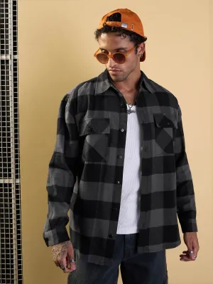 Men Grey & Black Check Flap Pocket Oversize Shirt-MSSHRT20484