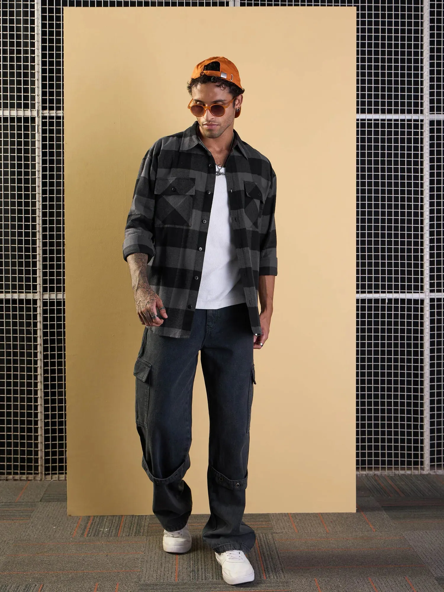 Men Grey & Black Check Flap Pocket Oversize Shirt-MSSHRT20484