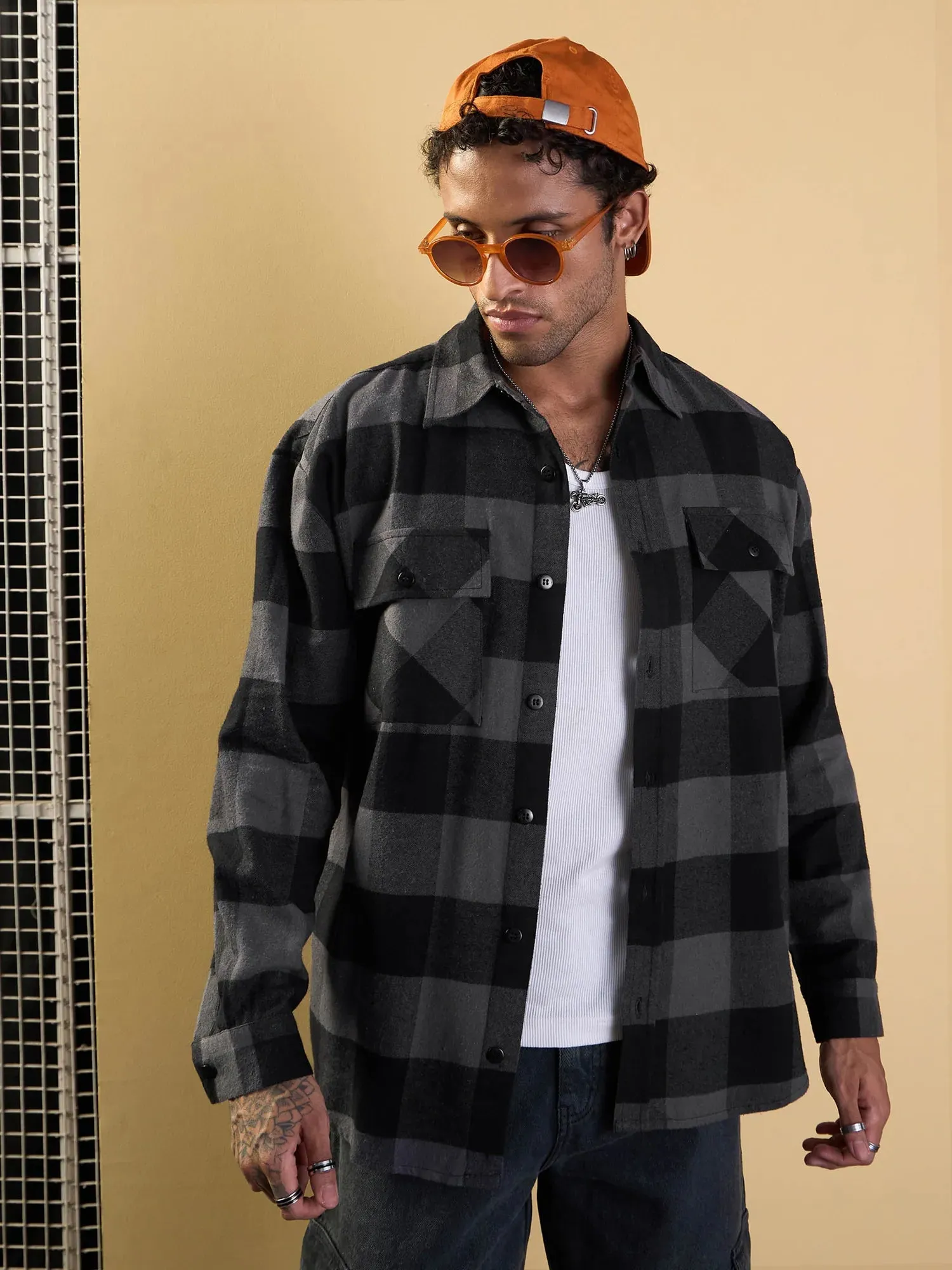 Men Grey & Black Check Flap Pocket Oversize Shirt-MSSHRT20484