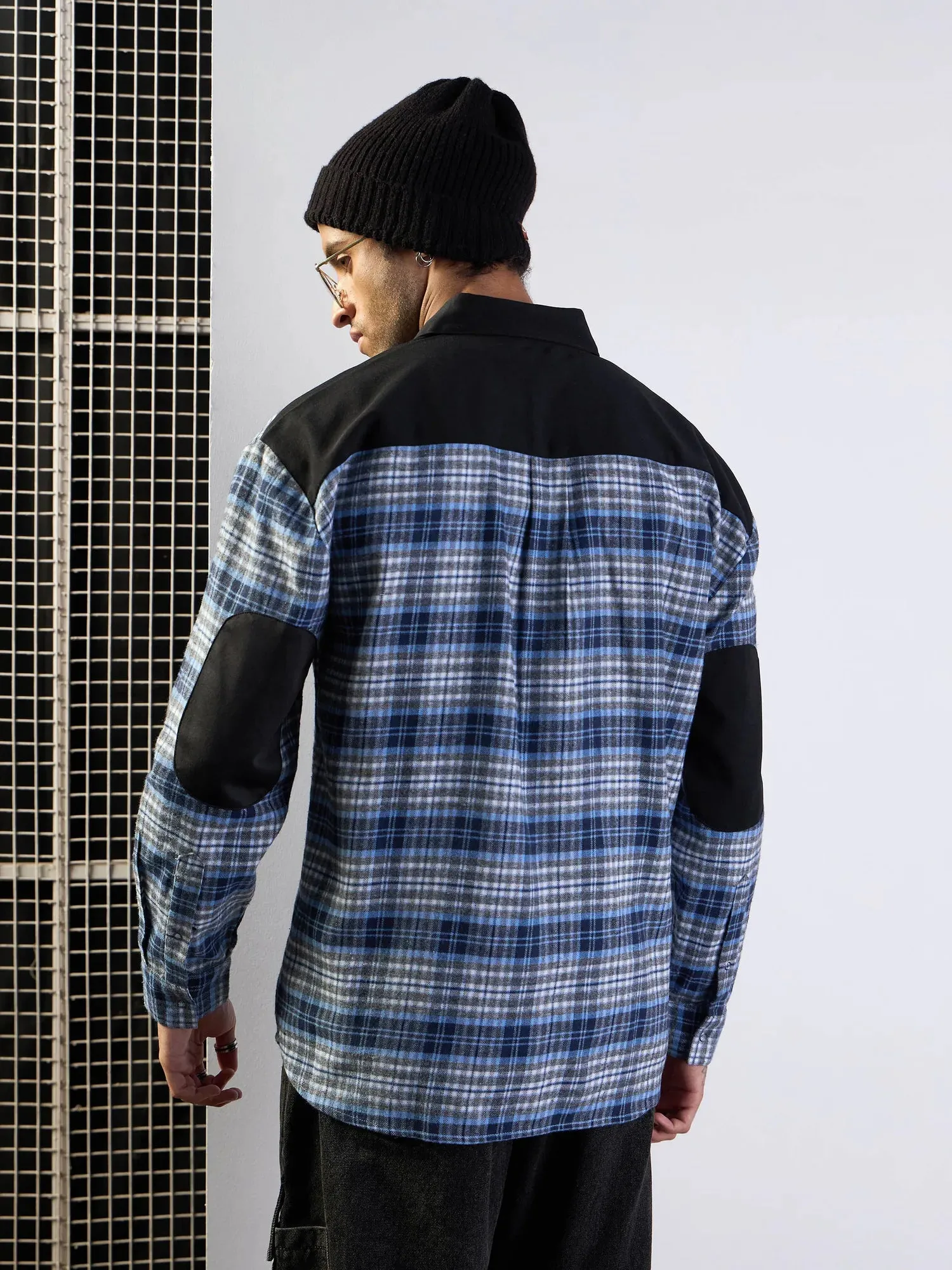 Men Grey & Blue Elbow Patch Oversize Check Shirt-MSSHRT20489