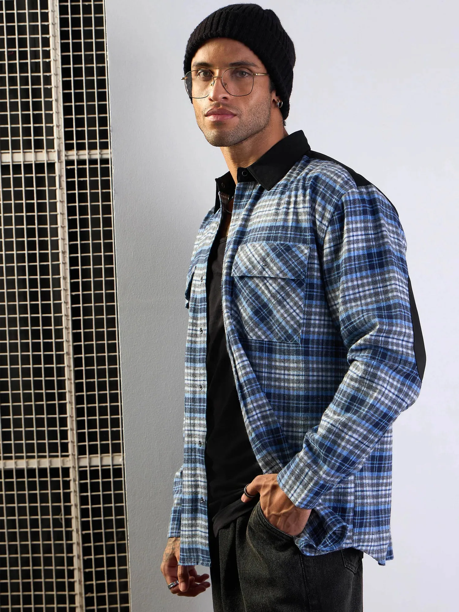 Men Grey & Blue Elbow Patch Oversize Check Shirt-MSSHRT20489