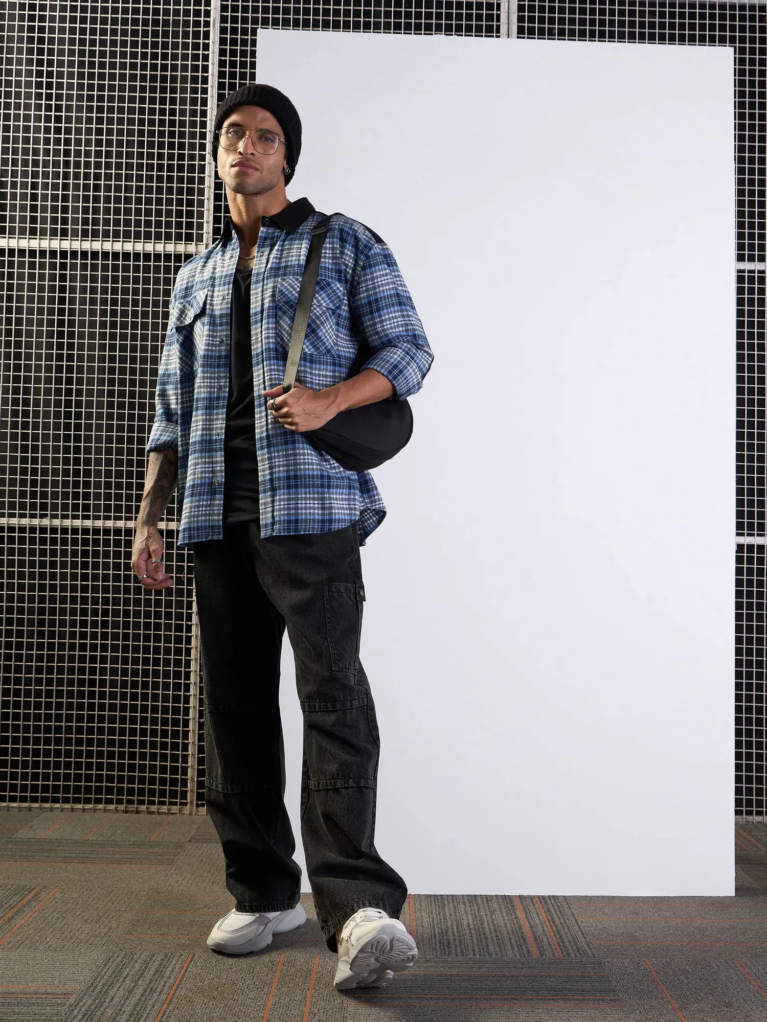 Men Grey & Blue Elbow Patch Oversize Check Shirt-MSSHRT20489