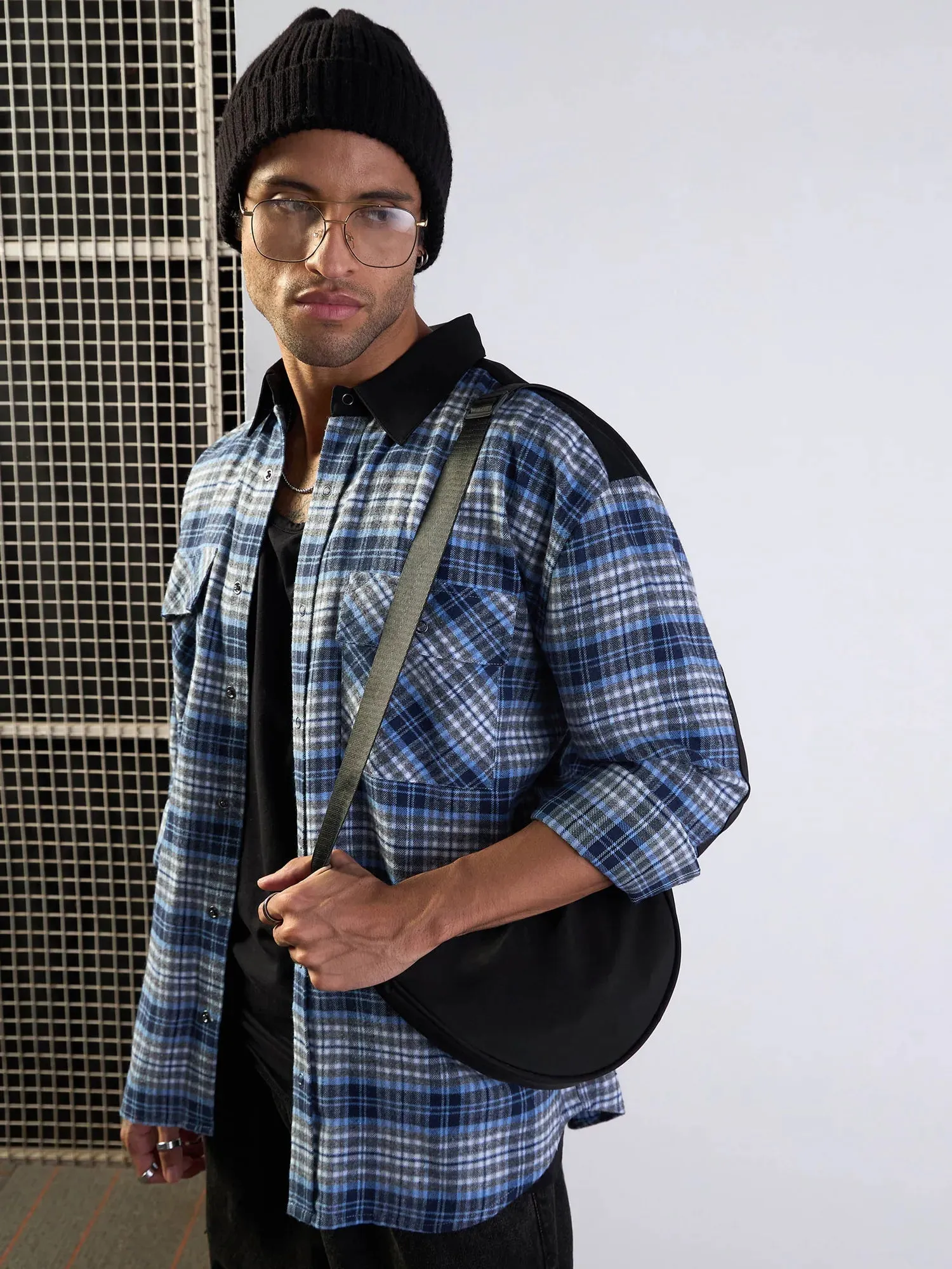 Men Grey & Blue Elbow Patch Oversize Check Shirt-MSSHRT20489