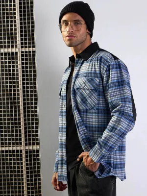 Men Grey & Blue Elbow Patch Oversize Check Shirt-MSSHRT20489