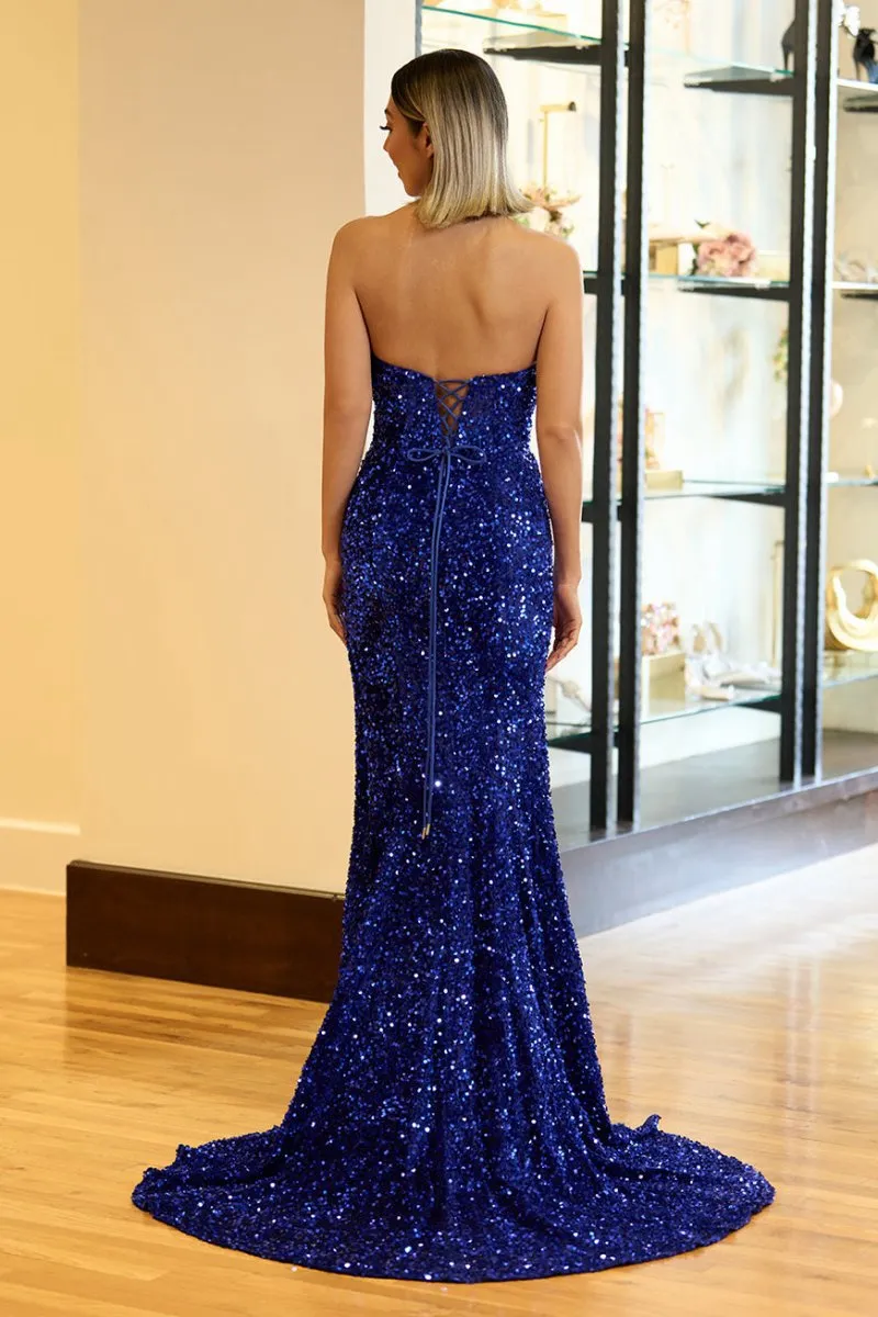 Mermaid Strapless Sequins Long Prom Dresses with Slit