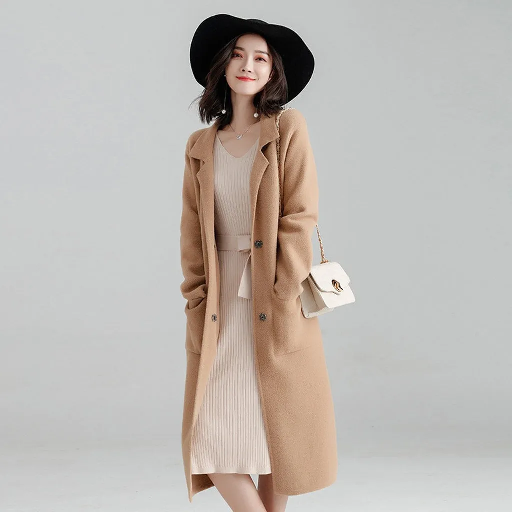 MU 02 STORE - Original Office Lady Loose Womens Long Coats Outwear Winter Single Breasted Wool Blend Coat and Jacket Turn-Down Collar Ladies Coats
