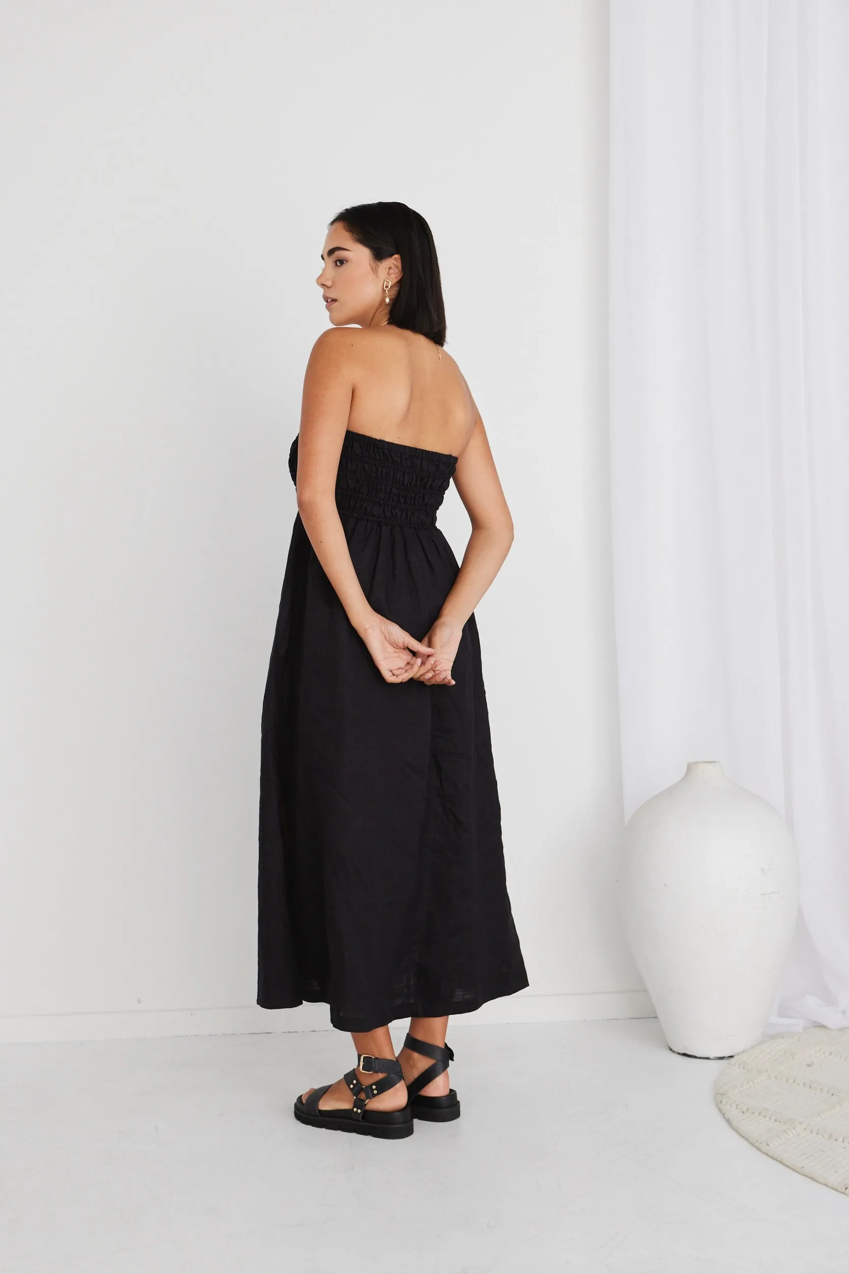 Nelle Black Linen Strapless Gathered Dress