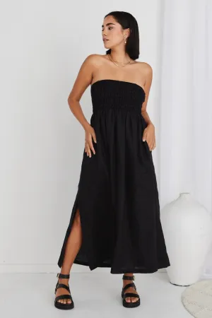 Nelle Black Linen Strapless Gathered Dress