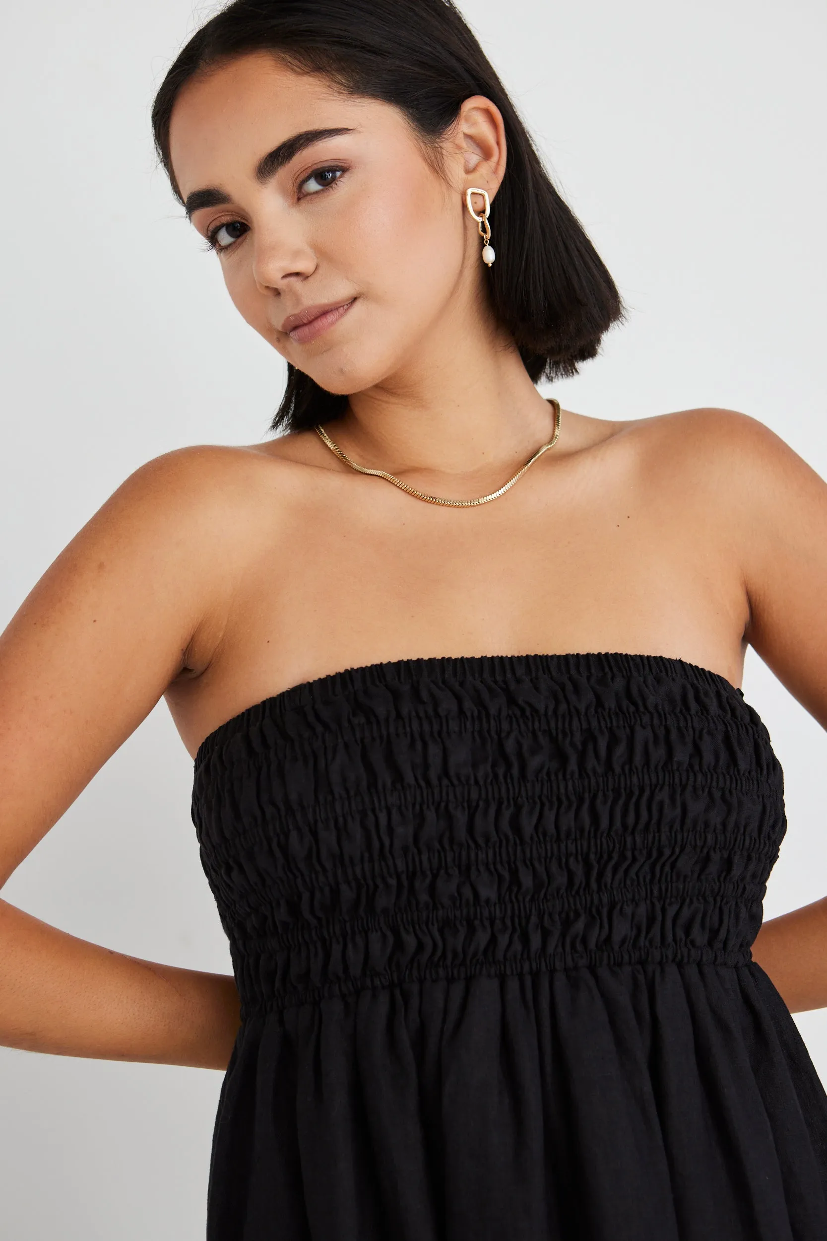 Nelle Black Linen Strapless Gathered Dress
