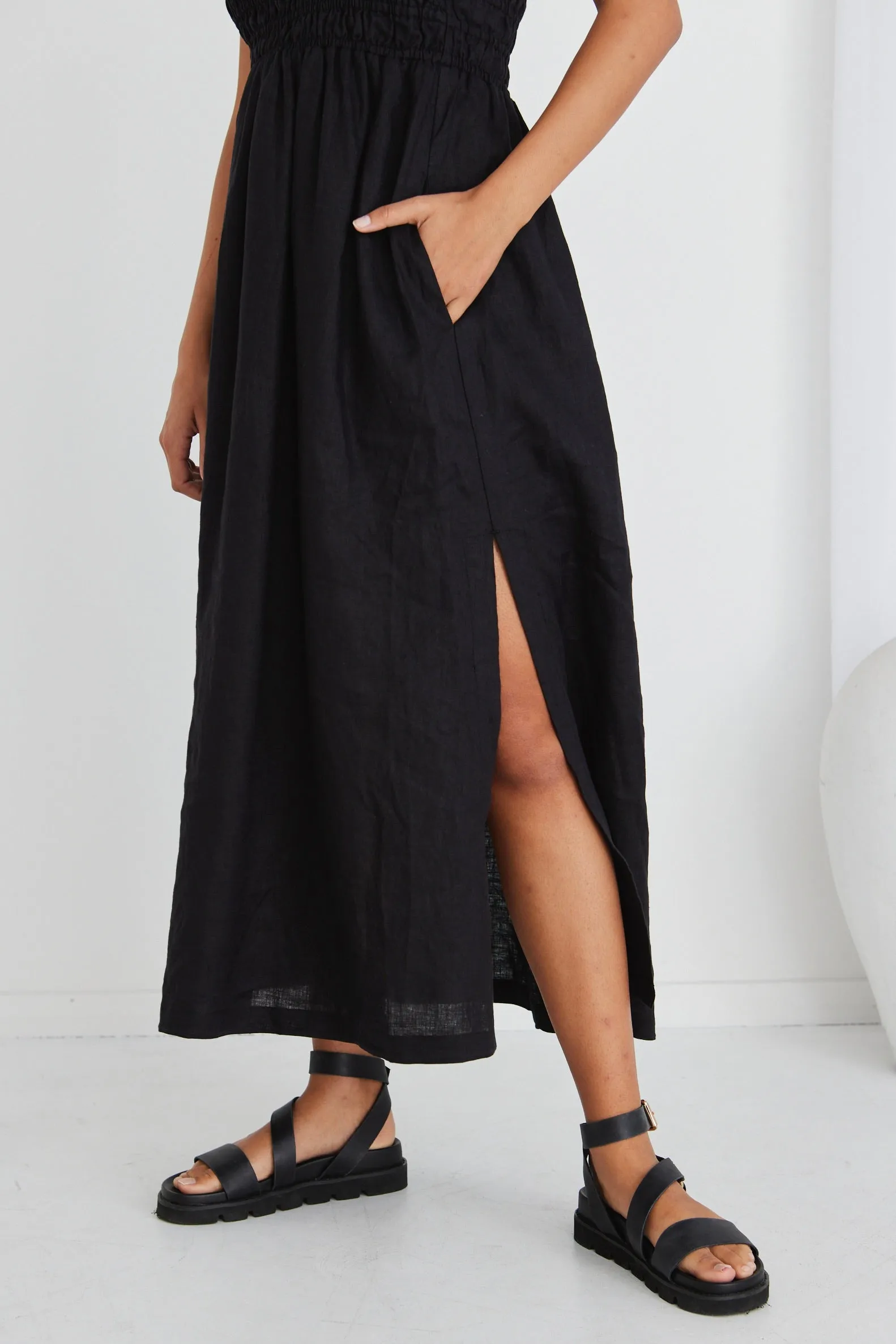 Nelle Black Linen Strapless Gathered Dress