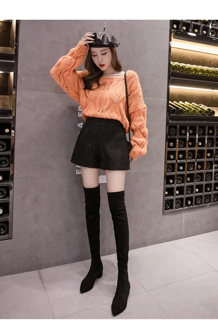New Autumn Winter Versatile Elastic Waist Shiny Wide Leg Tweed Shorts Women's Small Fragrance Woolen Boots Pants