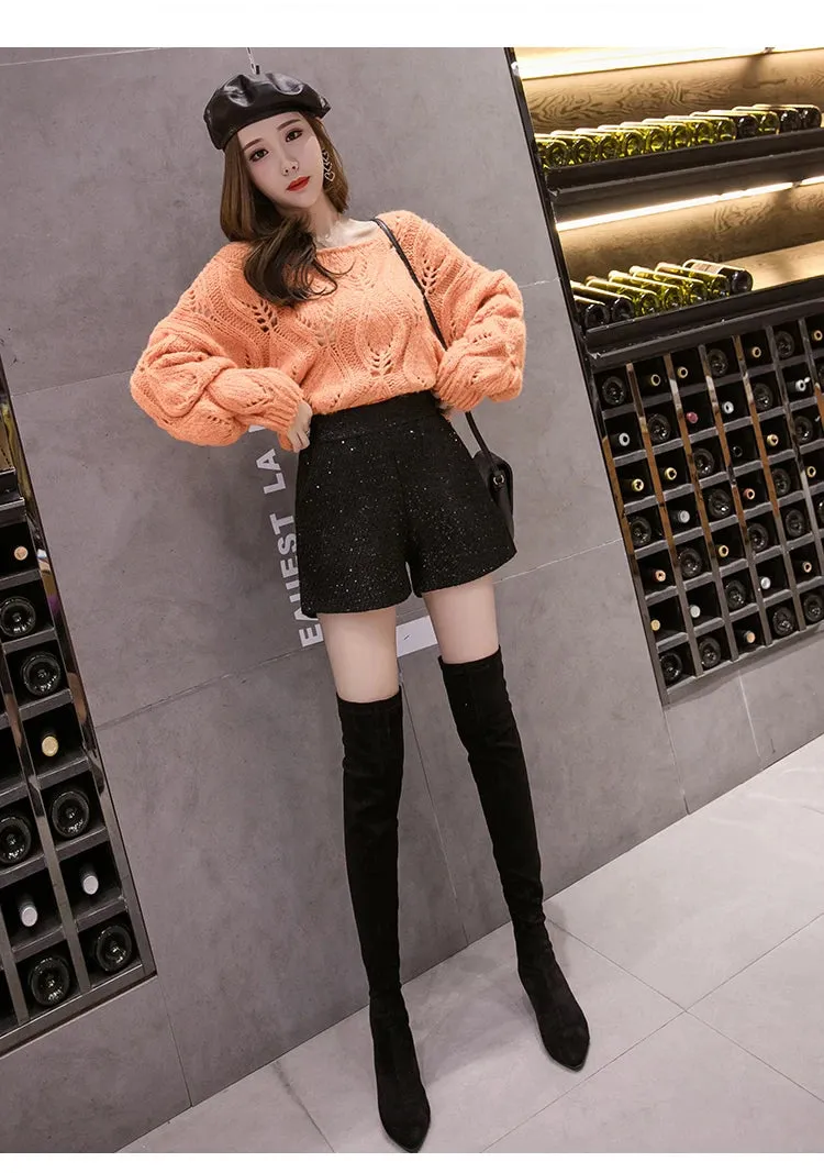 New Autumn Winter Versatile Elastic Waist Shiny Wide Leg Tweed Shorts Women's Small Fragrance Woolen Boots Pants