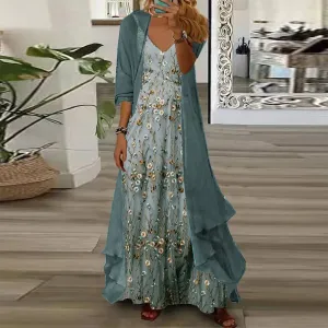 New ERTYM Youthful Ditsy Floral Print Maxi Dress With Thin Jacket Two Piece Outfit Green Sz XL! Retails $75 