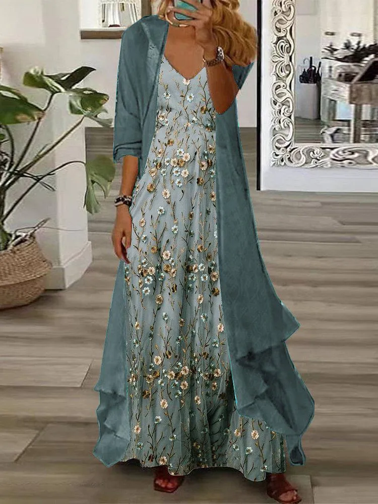 New ERTYM Youthful Ditsy Floral Print Maxi Dress With Thin Jacket Two Piece Outfit Green Sz XL! Retails $75 