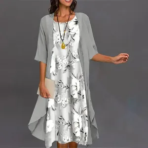 NEW Retails $115 Grey Print Midi Dress With Thin Jacket Two Piece Outfits Sz L