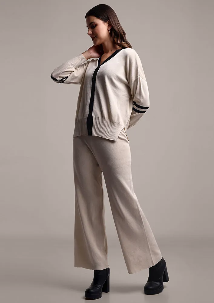 Off-White Striped Two-Piece Woolen Set with Button Closure